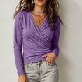 thumbnail image 2 of HongQid Women's Wrap V Neck Long Sleeve Top Front Twisted Ruched Detail Soft Stretchy Body Hugging Cut Casual Outfit for Spring Fall Fashion Basic Layering Blouse Tee Shirt, 2 of 6