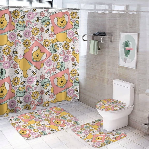 4 Pcs Winnie The Pooh Bathroom Shower Curtain Sets, Polyester Shower Curtain Sets with Bath Rugs, Cartoon Waterproof Shower Curtain with 12 Hooks, Bathroom Decor Sets