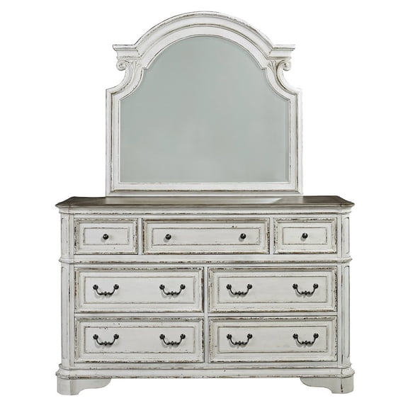Liberty Furniture King Upholstered Bed, Dresser & Mirror, Chest - Antique White & Weathered Bark