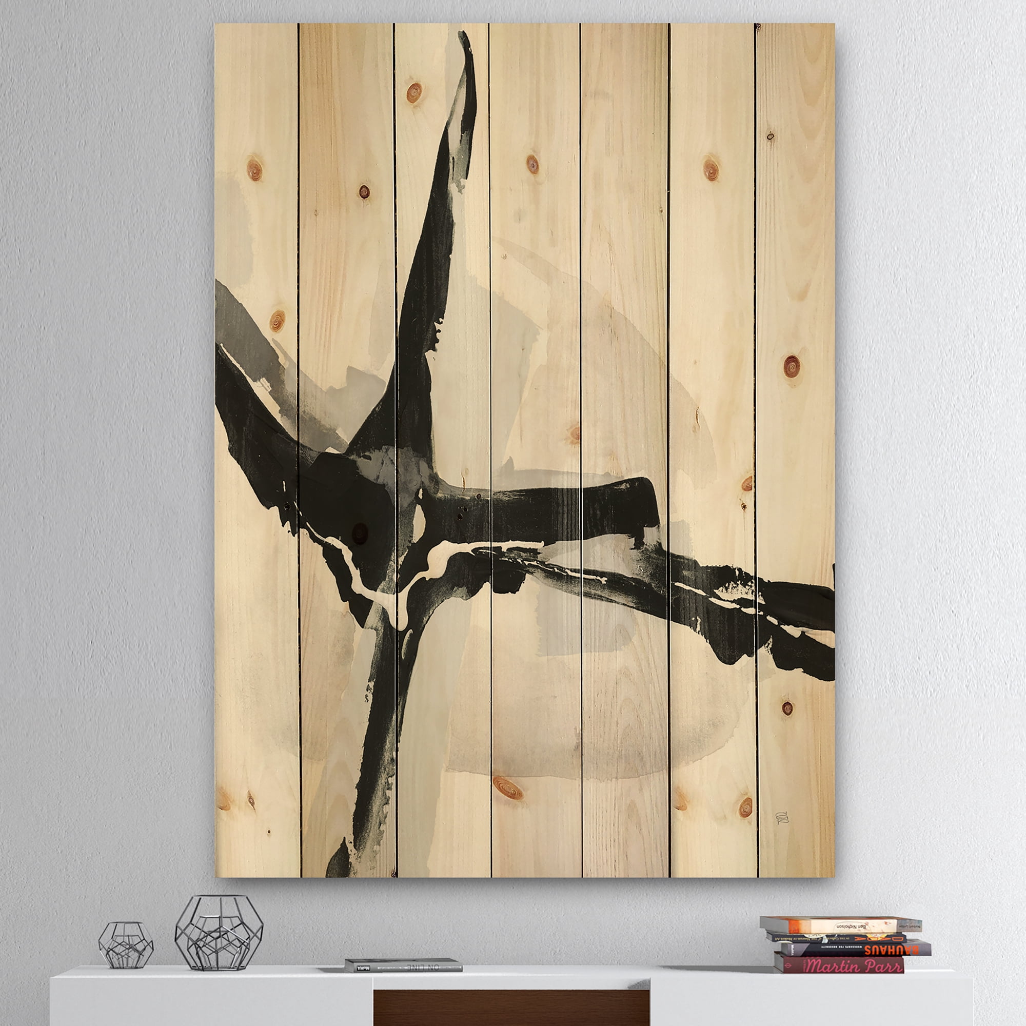 Designart 'Abstract Fractal Neutral' Mid-Century Modern Print on Natural Pine Wood