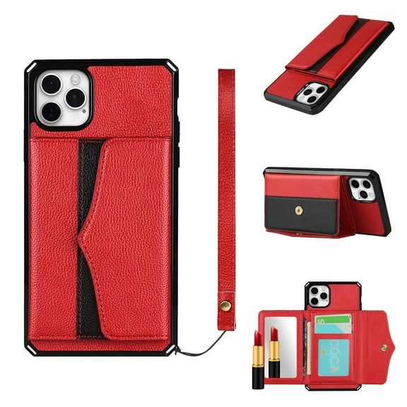Case for iPhone 11 Pro Wallet Cover with Credit Card Holder & Hidden Mirror, Allytech Luxury Kickstand Magnetic Button Wrist Lanyard Women Girly Back PU Leather Case for iPhone 11 Pro 5.8", Red