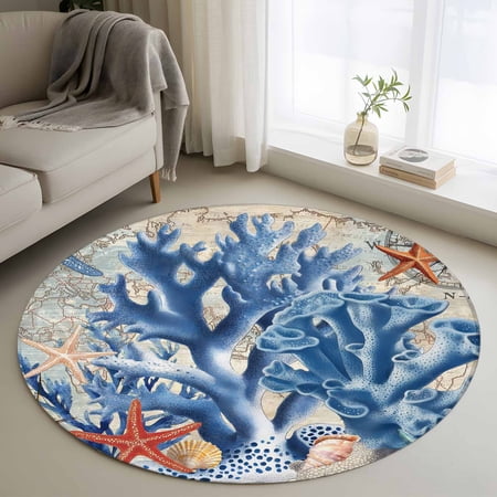 Blue Coral Coastal Round Area Rug 3 FT Small Kitchen Bathroom Mats Summer Beach Vintage Nautical Starfish Washable Indoor Outdoor Throw Runner Rugs Doormat for Table Shower Sofa Entryway