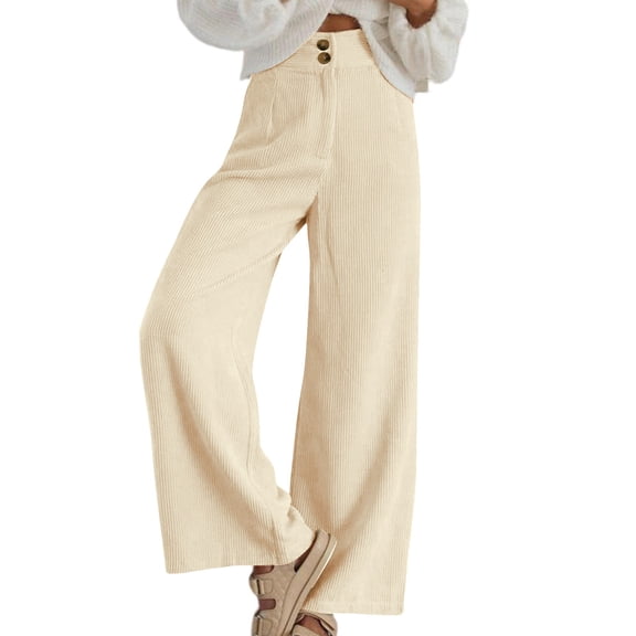 YIFUNIN Women's Solid Color Corduroy Straight Leg Pants, Loose Fit Casual Trousers for Fall Winter, Comfortable Ribbed Fabric Fashion,Beige L