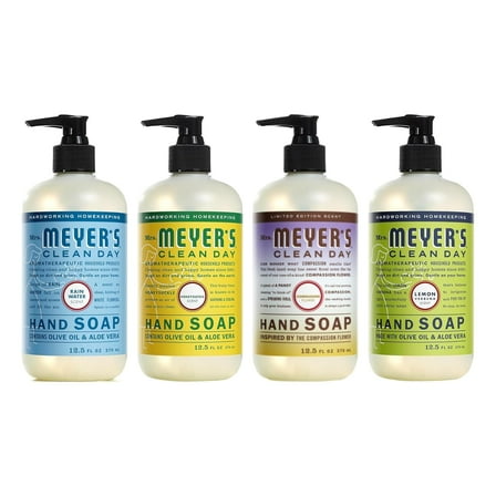 Mrs. Meyer’s Clean Day Liquid Hand Soap 4 Pack Variety, Honeysuckle, Rain Water, Compassion Flower, & Lemon Verbena, 12.4 OZ Each, 1 CT Variety Pack