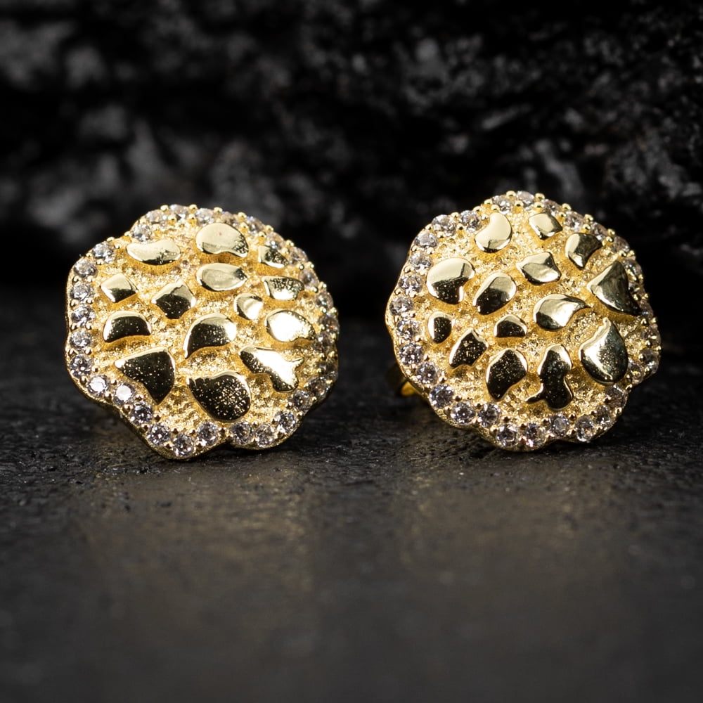 Round 14K Yellow Gold Plated 925 Sterling Silver Screw Back Post Circle Big 90's Hip Hop Ice Out Solid Gold Nugget Stud Earrings