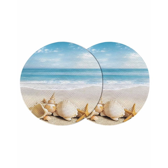 Beach Coastal Round 15 Inch Placemats Set of 2, Summer Nautical Seaside Starfish Shell HeatResistant Non Slip Place Mats for Dining Table, Wipeable Braided Kitchen Table Mats for Housewarming