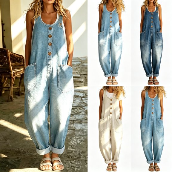 Women's Denim Wide Leg Pants, Strappy Sleeveless Jumpsuit with Pockets, Stretch Regular Long Overalls for Women, Casual Summer Party | TruHer,Black L