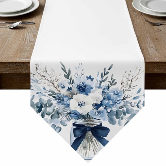 Blue Spring Floral Table Runner Linen Burlap Table Runner 36 Inches Small Watercolor Summer Flowers Dresser Scarves for Kitchen Island Coffee Dining Room Party Wedding Banquet Holiday Decor 13"x36"