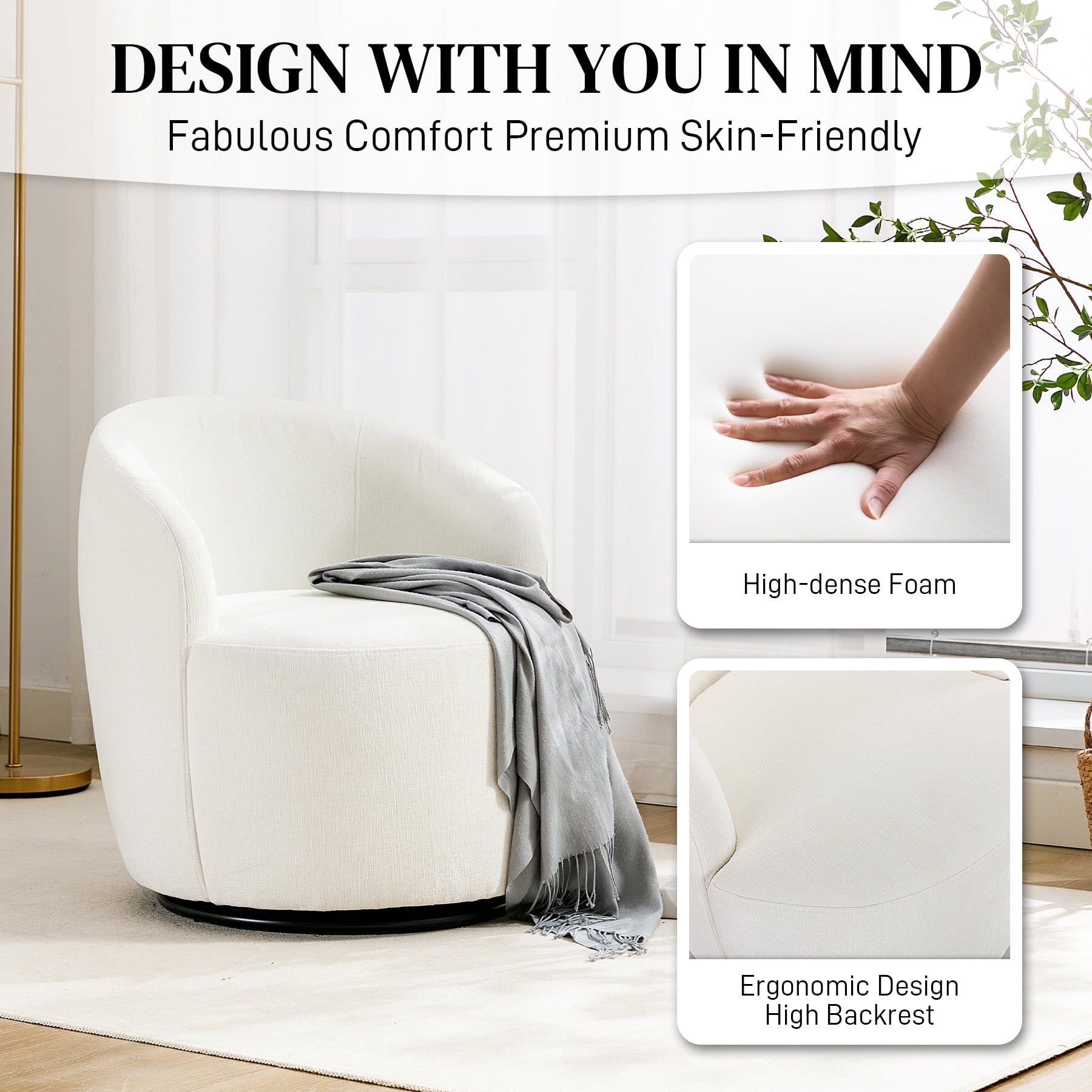 Ouyessir Boucle Upholstered Swivel Barrel Accent Chair Set of 2, Sherpa Lounge Chair, Ivory Chenille