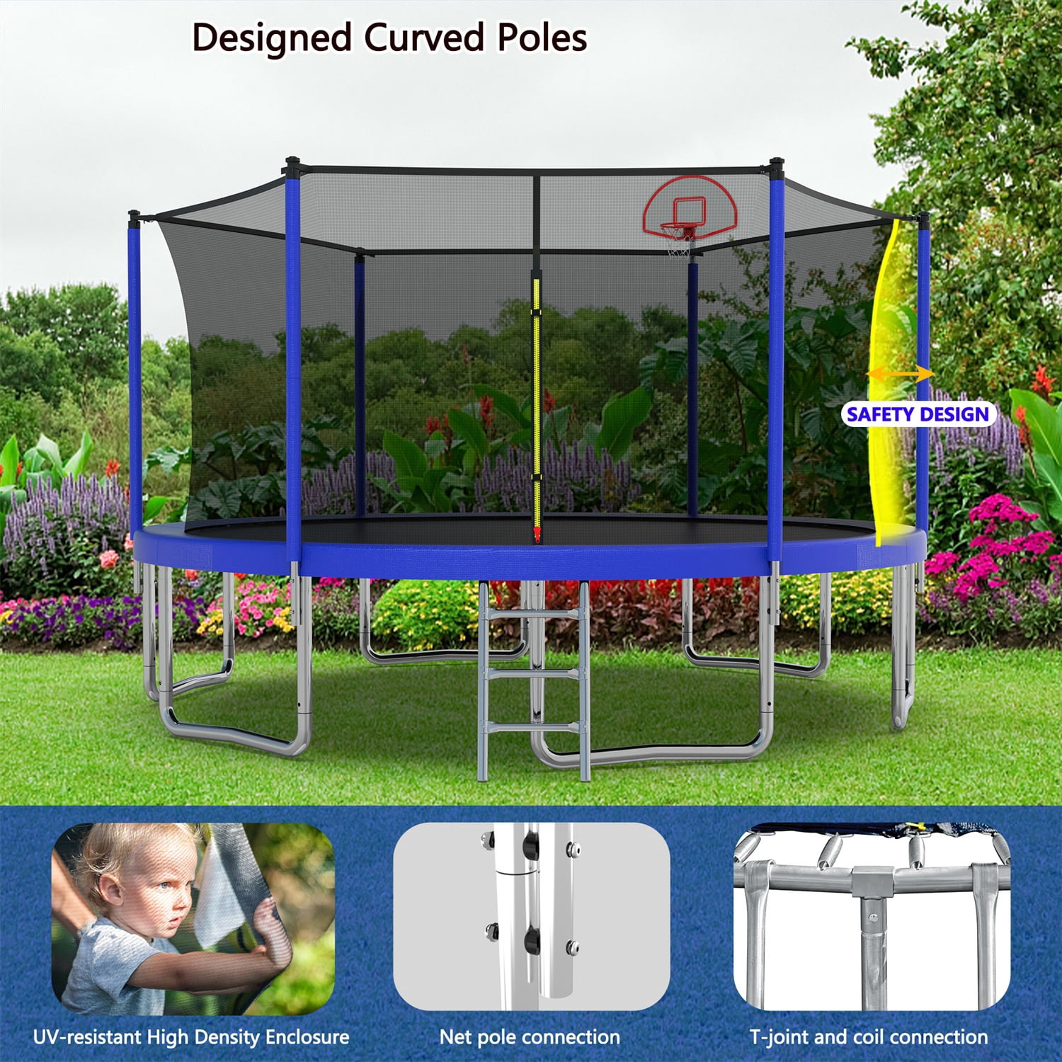 Hommoo 14FT Trampoline for Kids, Outdoor Backyards Large Recreational Trampoline with Basketball Hoop and Ladder, Safety Enclosure Net, Blue