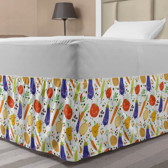 Vegetable Bed Skirt, Nursery Cartoon Characters Eggplant Tomatoes and Pepper Salad Elements Pattern, Elastic Bedskirt Dust Ruffle Wrap Around for Bedding Decor, 4 Sizes, Multicolor, by Ambesonne