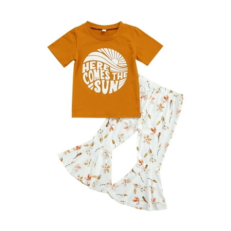 

Toddler Girl Summer Clothes Letter Tops + Floral Bell-Bottom Pants 2Pcs Outfits