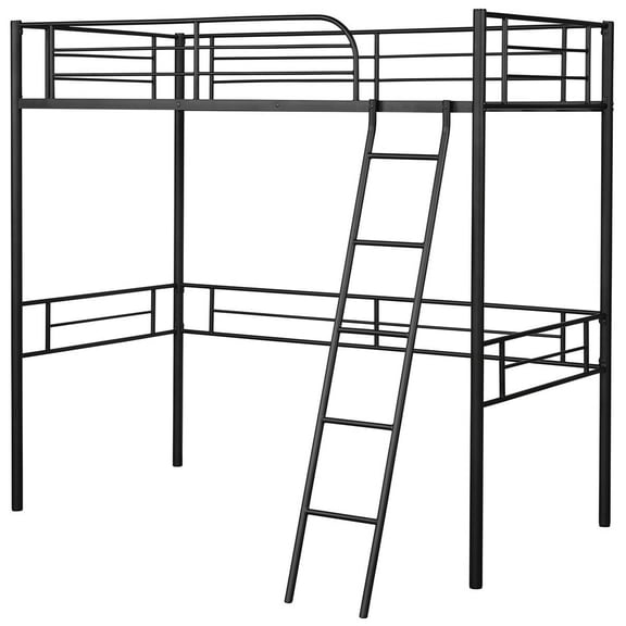 Gymax Loft Metal Single Bed Kids and Teens with Safety Guardrails Ladder, Twin, Black
