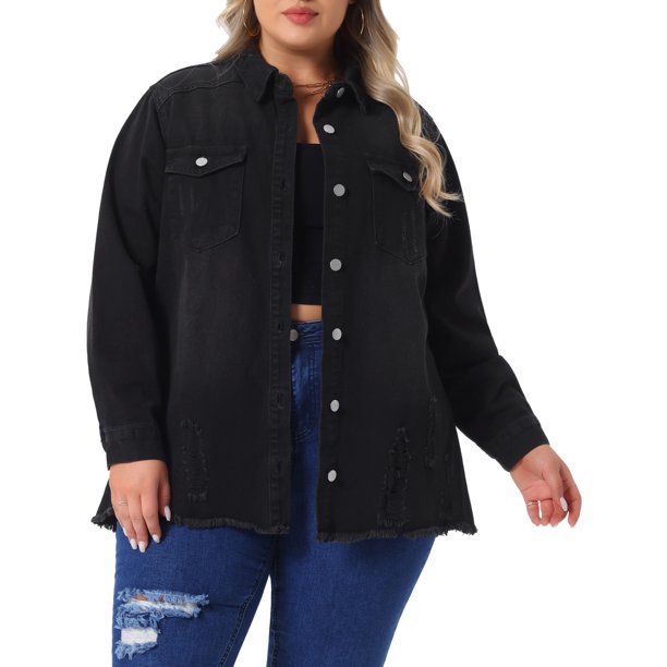 Chaqueta de mezclilla de mujer plus size Agnes Orinda con botones, cuello, manga larga, dobladillo sin terminar, camisa casual, chaqueta de jean con bolsillo 4X negra