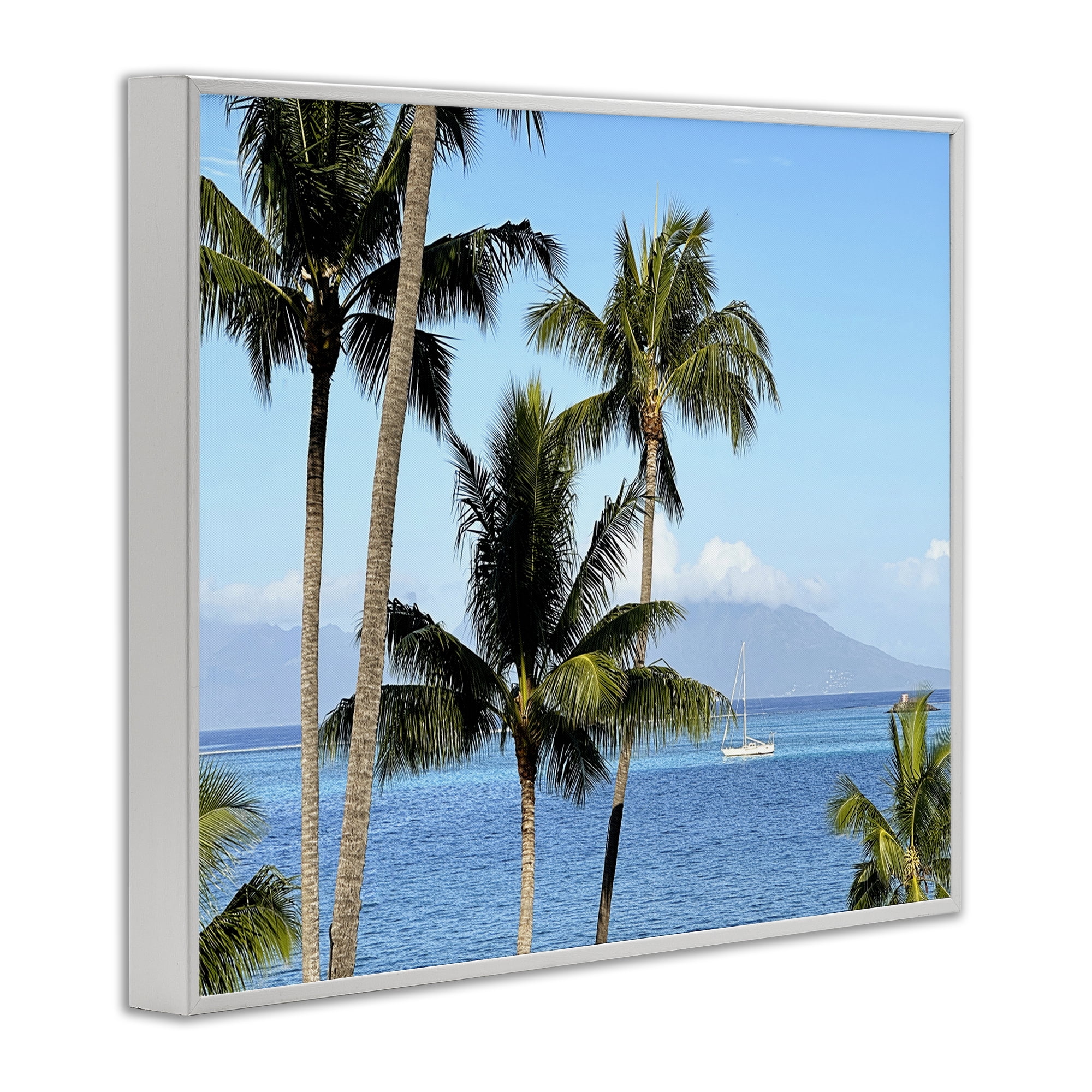 Stupell Industries Palm Trees & Sailboat Landscape Photography White Framed Art Print Wall Art, 14 x 11