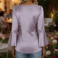 thumbnail image 5 of DAFPZW Womens Satin Blouse Cowl Neck Draped Silky 3/4 Bell Sleeve Tops Dressy Casual Business Casual Shirts Outfit, 5 of 6