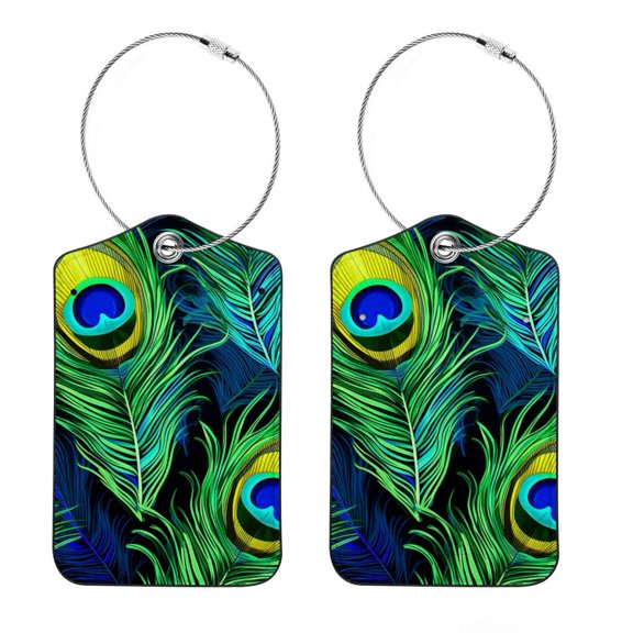 Luggage Tag, Travel Tags, Handbag Tag - Square PU Leather 2 Pack with Privacy Cover and Stainless Steel Ring - Suitable for Travel, Backpack, Handbag [Amazon Approved] Peacock Feather