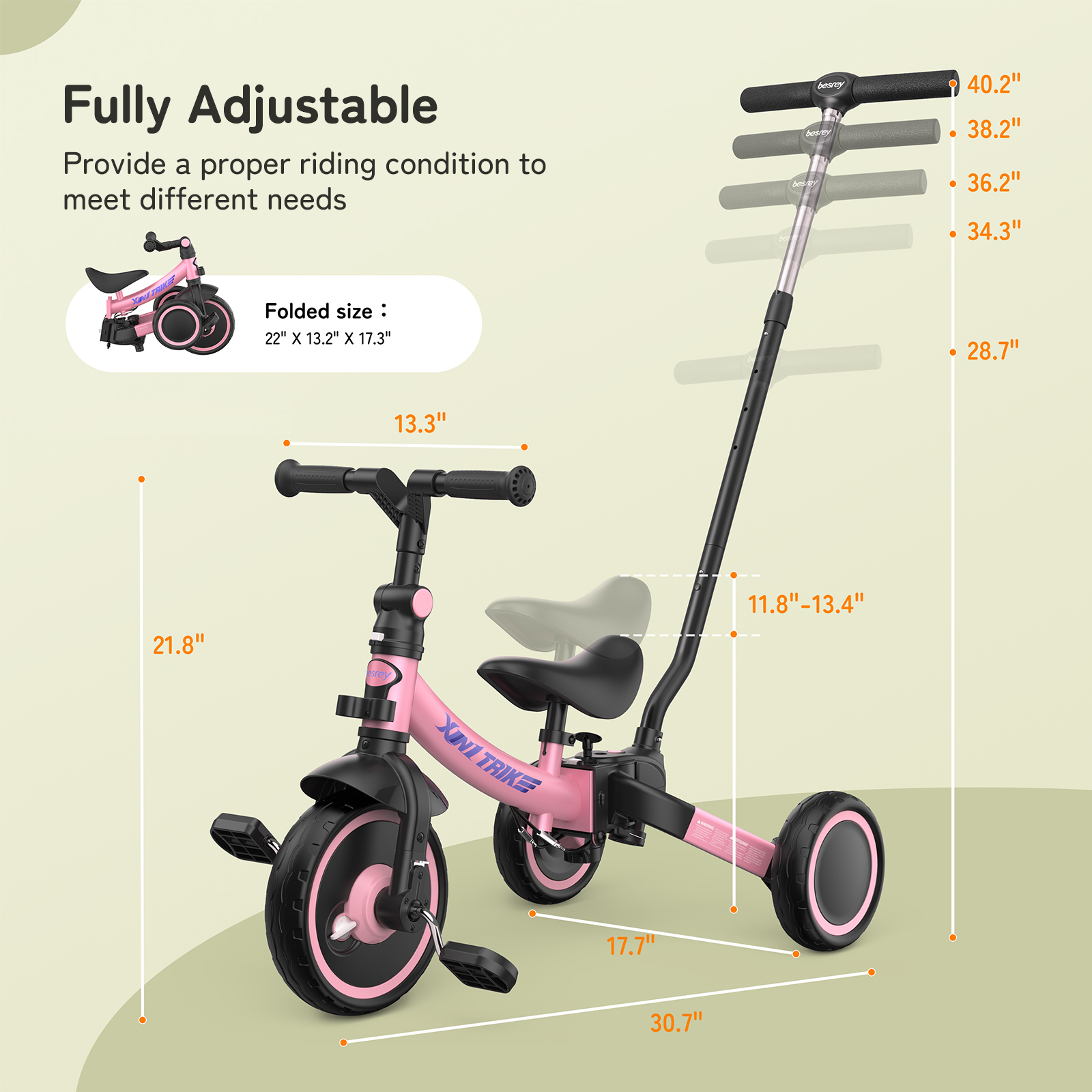 Besrey Toddler Tricycle with Push Handle, Pink photo 2