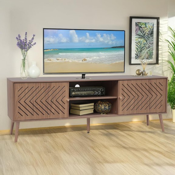 61” Wood TV Stand, Entertainment Center with 3 Storage Cubes, Sliding Doors, Mid Century Modern TV Cabinet for 65 70 inch TV, Rattan Media Console Table for Room Home Office Decoration, Walnut