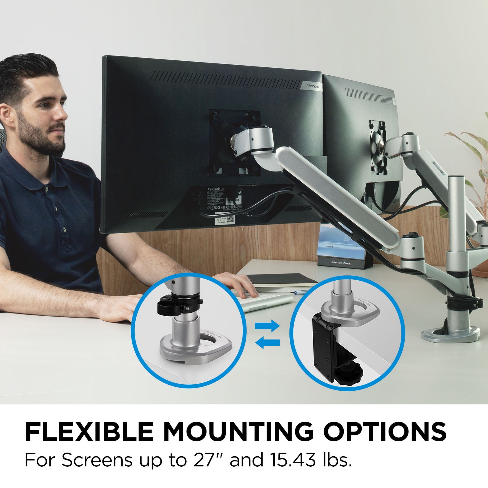 Spring-Loaded Dual Monitor Mounting Arm for Two Monitors up to 27 Inches Each VESA 75x75 and 100x100mm Compatible