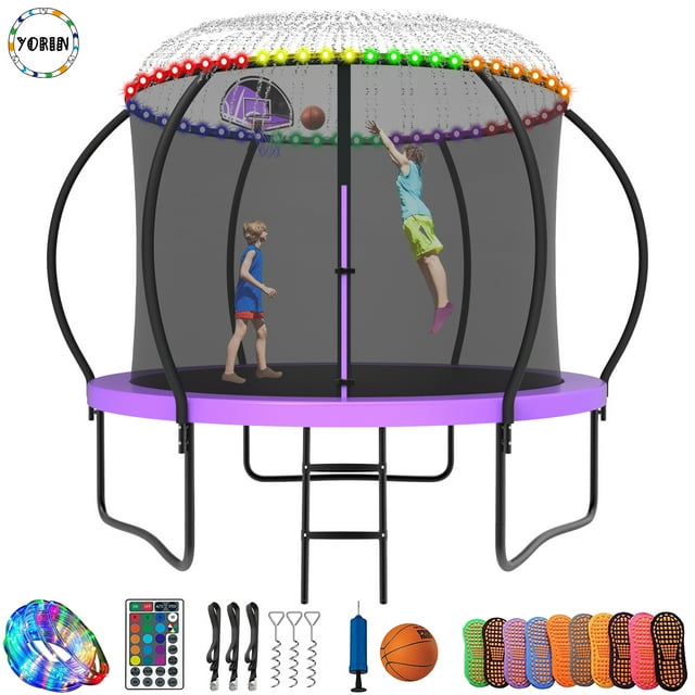 YORIN Trampoline pour 2-3 Enfants, Trampoline de 8 Pi 10 Pi pour Adultes avec Filet d'Enceinte, Panier de Basketball, Échelle, Trampoline Récréatif Extérieur de 800 Lb avec Lumière, Arroseur, Bas, Trampoline Robuste