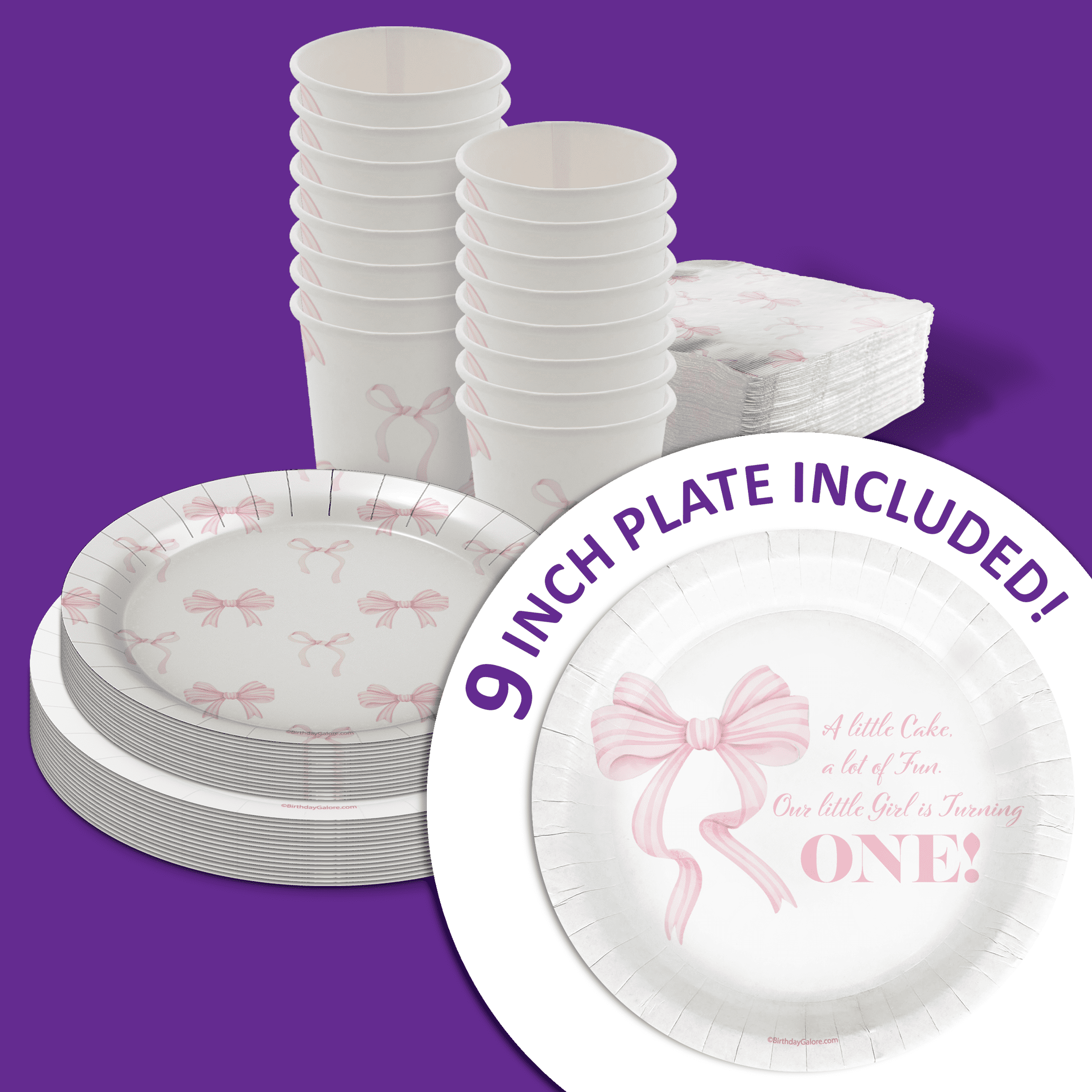 Pink Bows 1st Birthday Party Supplies - 64 Piece First Birthday Tableware Set Includes Large 9" Dinner Plates and 8" Dessert Paper Plates Napkins Cups - Kit for 16