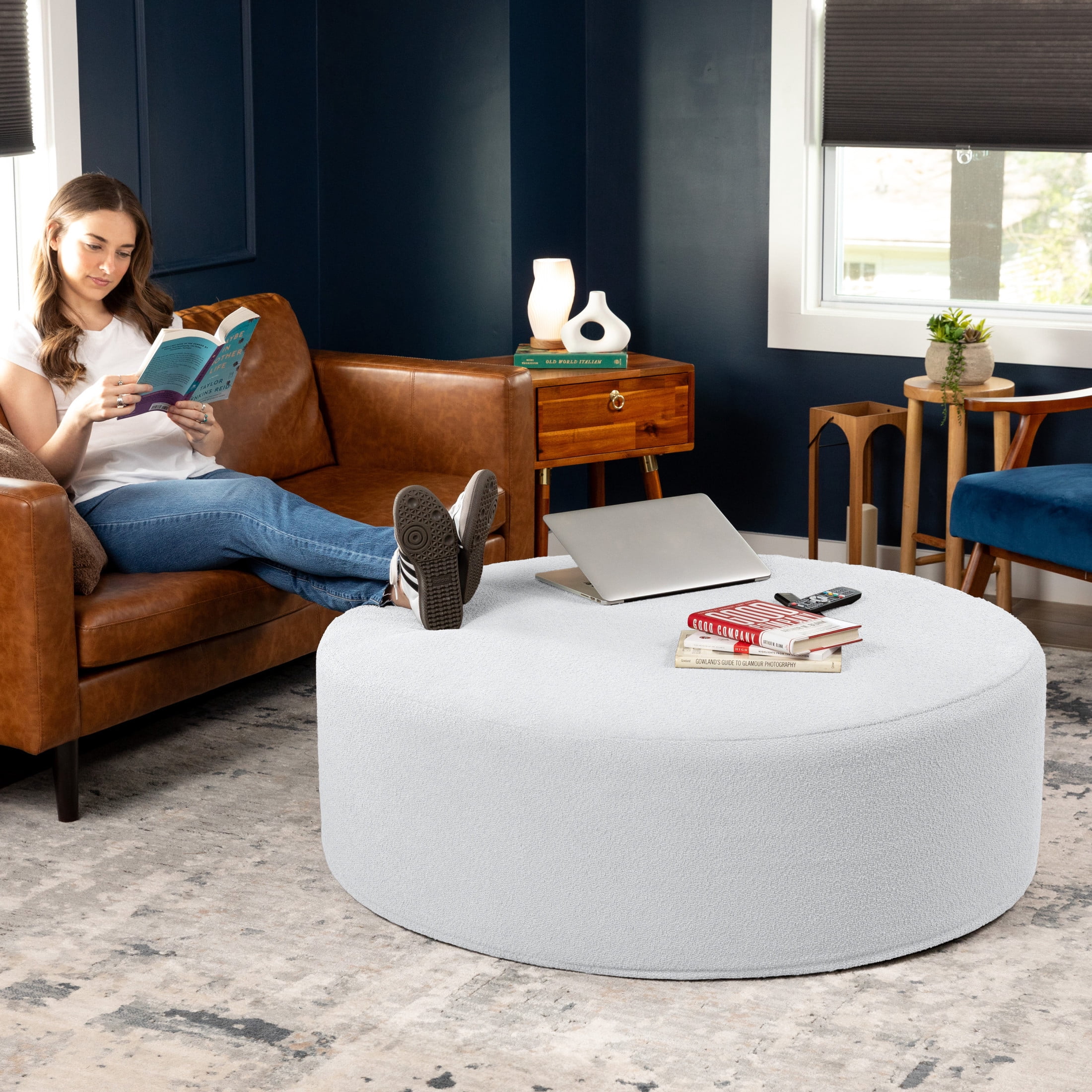 Jaxx Candler Round Coffee Table Ottoman, Oversized, 44-Inch, Boucle White