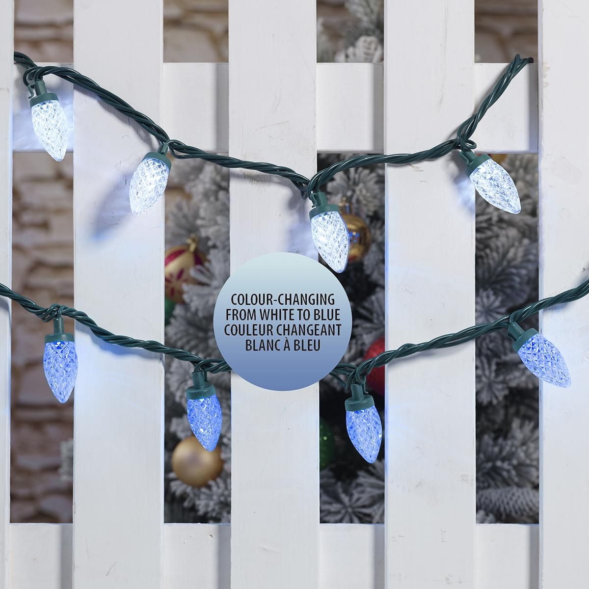 Holiday Time 70-Count LED Diamond-Cut C9 String Christmas Lights, Blue to Cool White, 6"(15.2 cm) bulb spacing