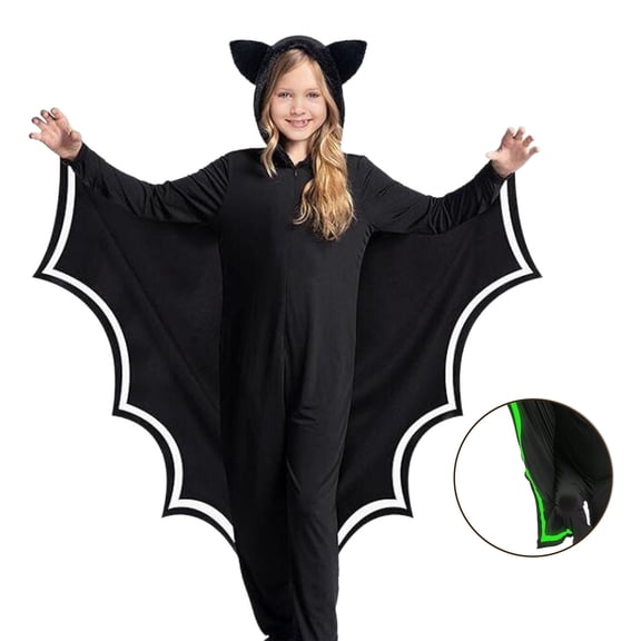 Bat for Kids Glow in Dark Long Sleeve Hooded Jumpsuit Unisex Girls Halloween Outfit Party Dress up Clothes Size 4-12 Years