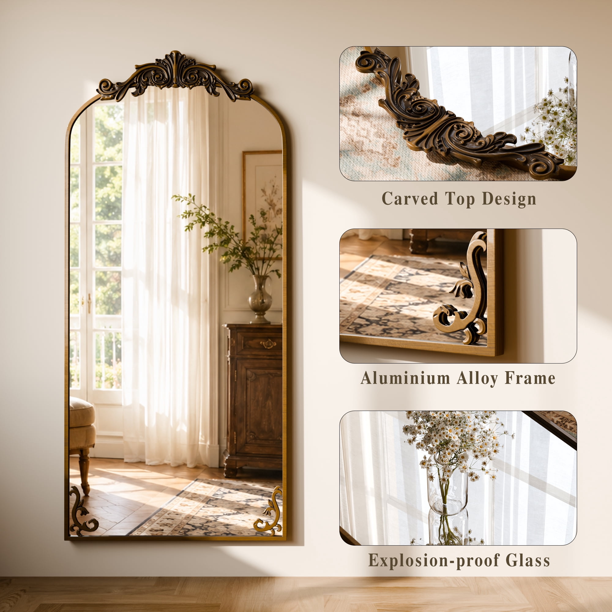 ‌Auromir‌ 32"x71" Vintage Arched Full Length Mirror Antique Metal Floor Mirror with Baroque Style, Antique Bronze