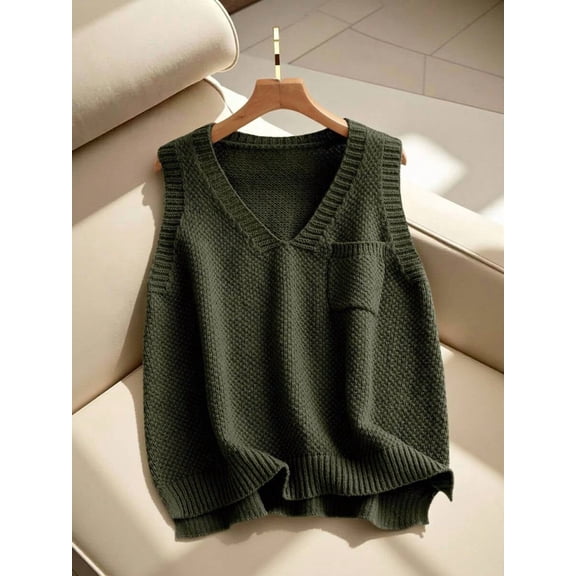 Women's V-Neck Sweater Vest with Pocket and Sleeveless Design for Casual Wear