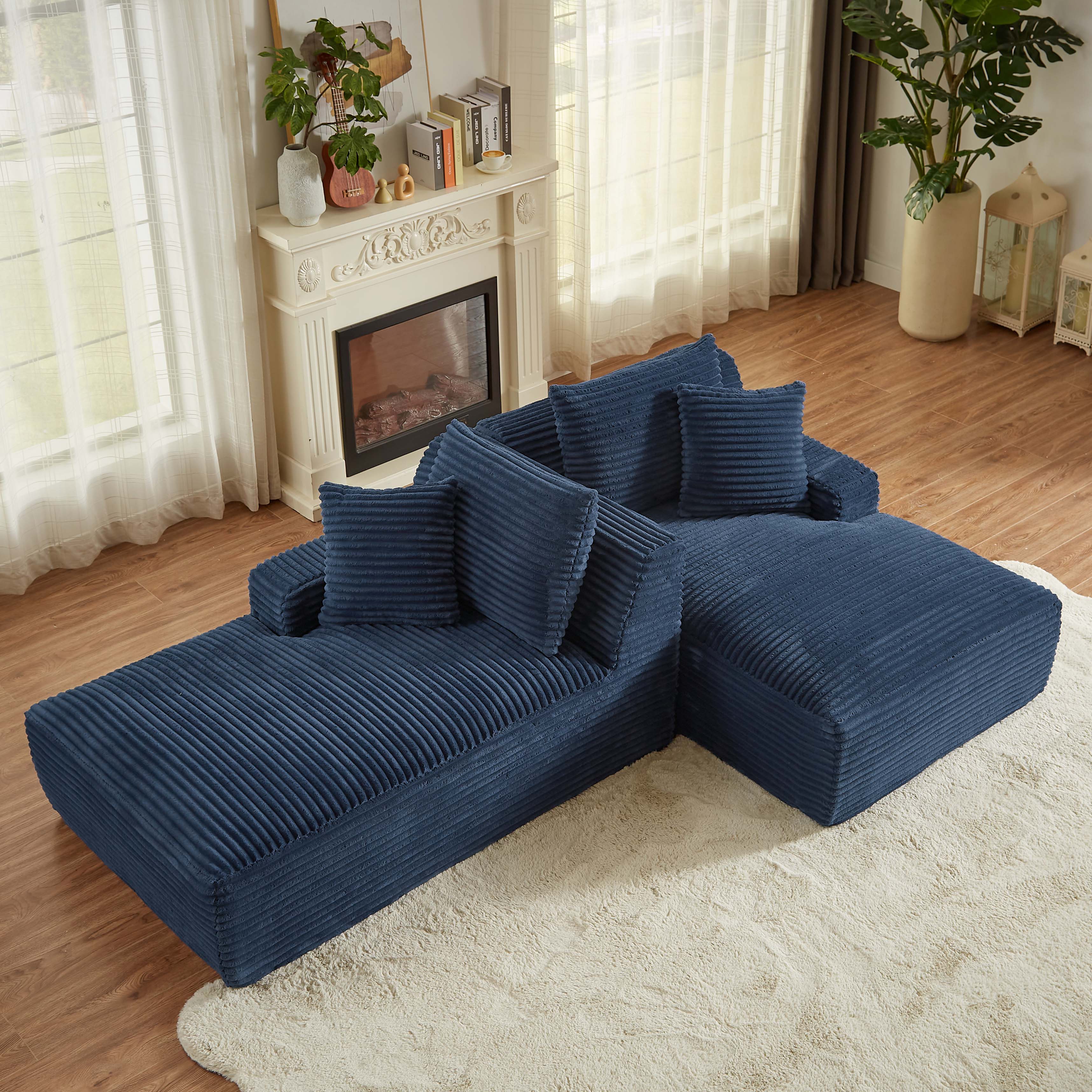 Miniyam Blue Compressible 2 Chaise Lounge - No Assembly Required, Fluffy Modern Sleeper Loveseat for Indoor Living Room Bedroom Reading
