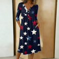 thumbnail image 2 of Women's 4th of July 250th Anniversary Artistic Pattern Dress 3/4 Sleeve Button Neck Midi Dress Loose Fit Casual Patriotic Independence Day USA Flag Soft Fabric Everyday Wear Navy S, 2 of 4