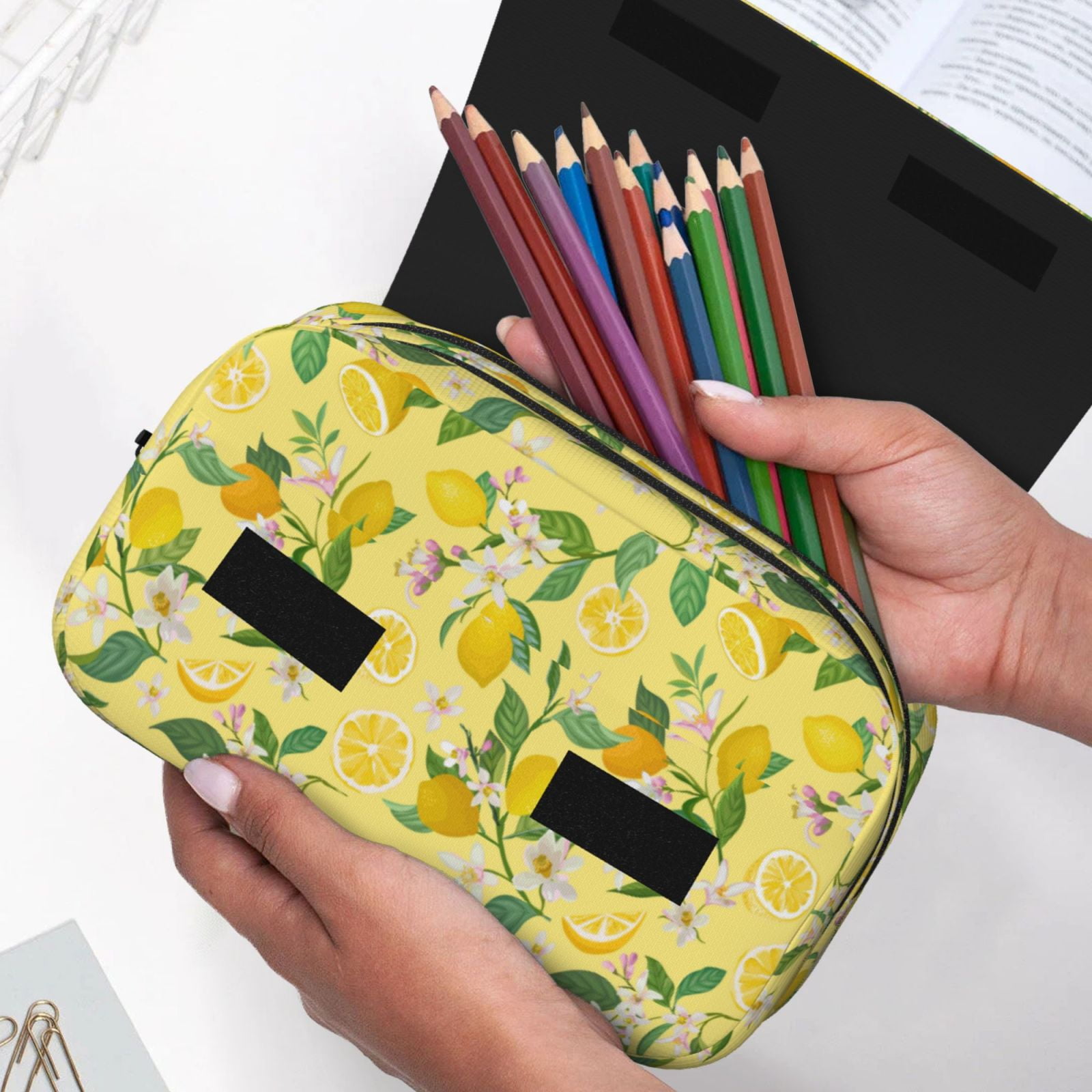 Rateoe Lemon (2) Pattern Double Clamshell Pen Case, Storage Organizer with Two Zipper Compartments– Holds Up to 50 Pencils & Pens