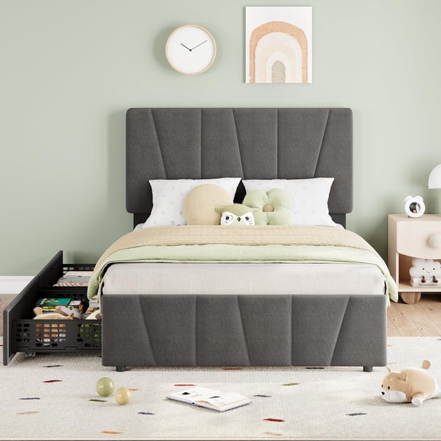 Yiwa Modern Linen Upholstered Twin Bed Frame, Twin Size Platform Bed Frame with Adjustable Headboard, 2 Storage Drawers, Wooden Slat Support, No Box Spring Needed,Dark Grey