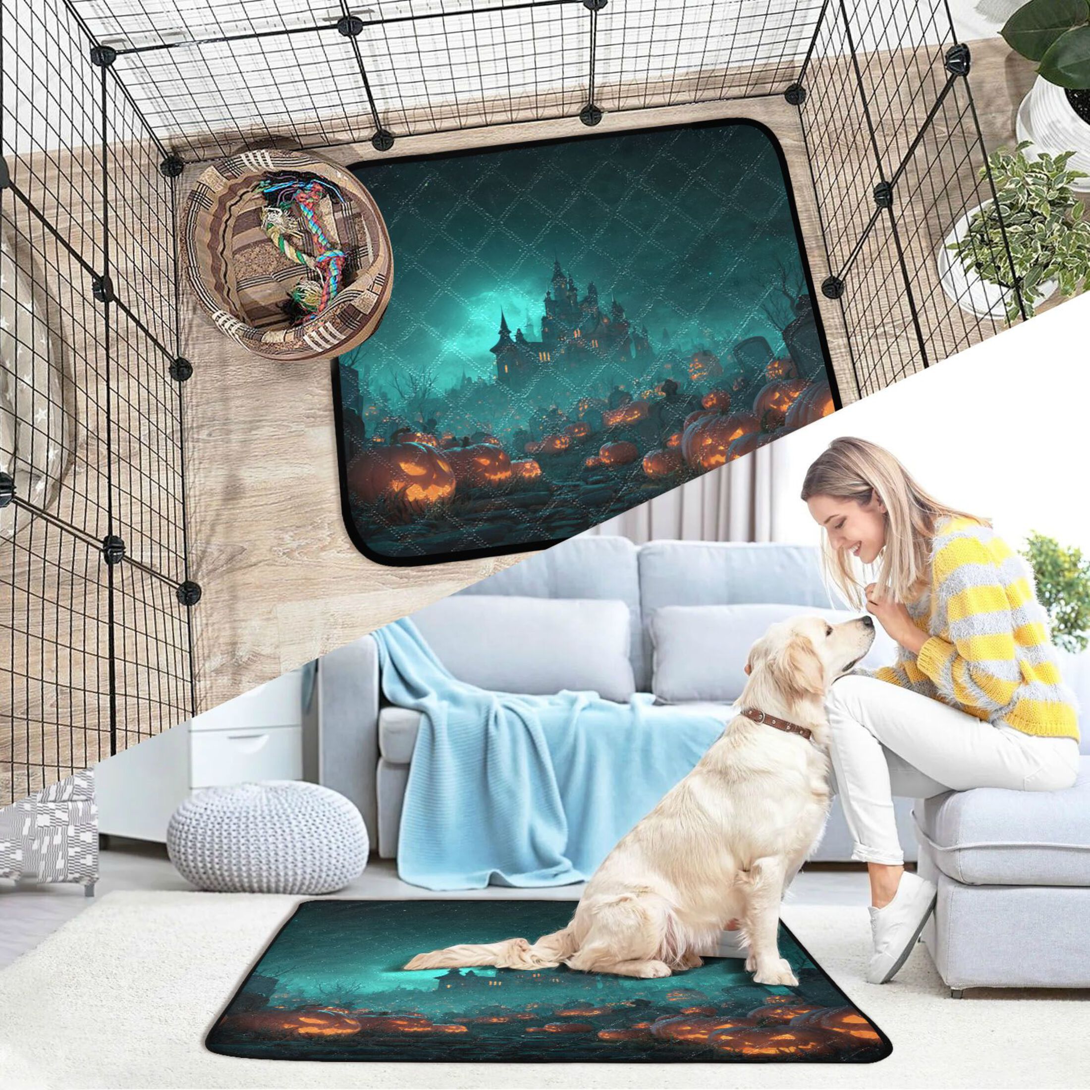 Qxltty Halloween Night Cat litter Pads Pet Set of 2 Diaper Mats Center Anti-leakage Layer Absorbent Soft and Comfortable