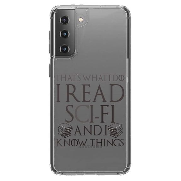 DistinctInk Clear Shockproof Hybrid Case for Galaxy S21+ PLUS 5G (6.7" Screen) - TPU Bumper Acrylic Back Tempered Glass Screen Protector - I Read Sci-Fi and I Know Things