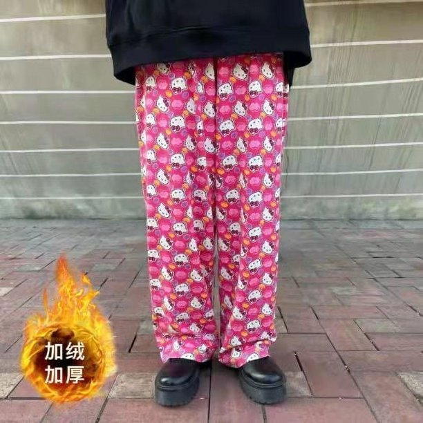 Pantalones con estampado de Hello Kitty de Sanrio 2022, nuevos pantalones suaves de pierna ancha para primavera y otoño, lindos pantalones casuales de felpa Y2k de cintura alta color rosa para mujer