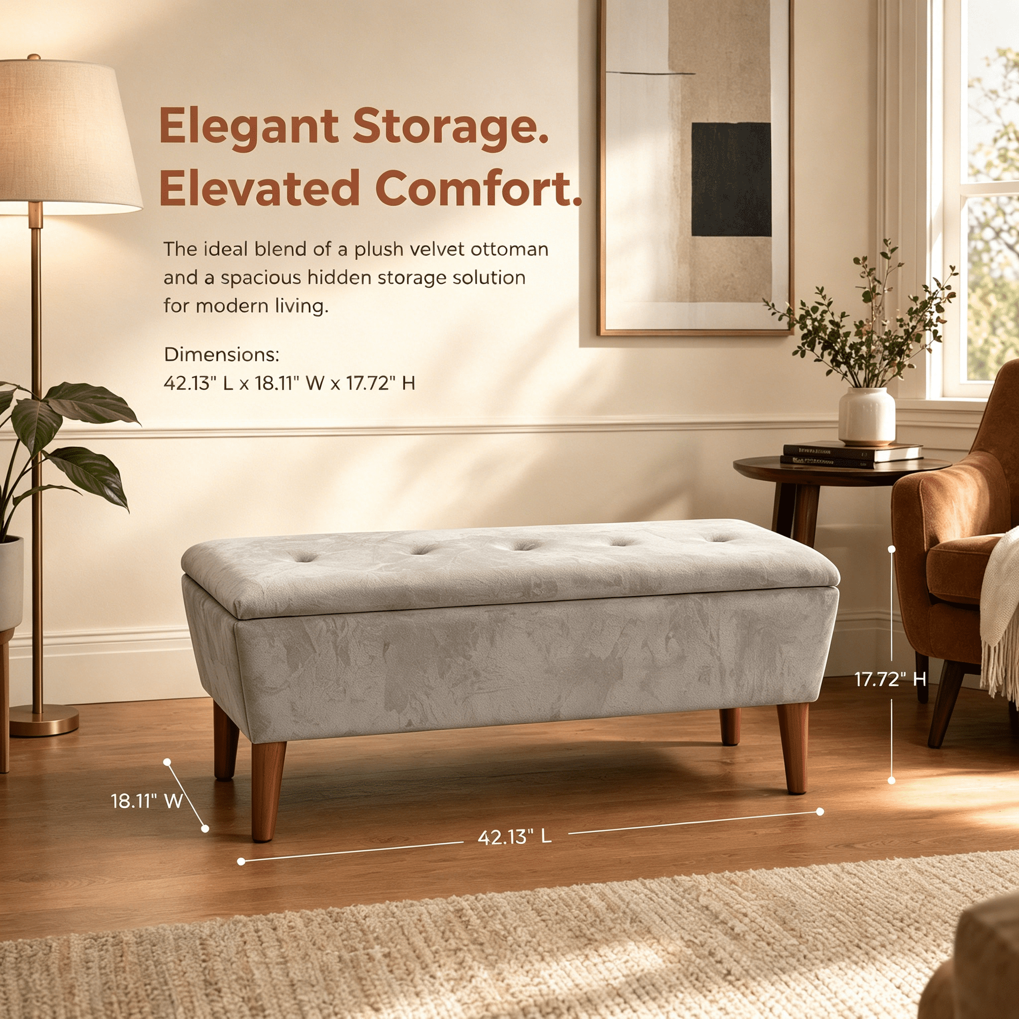 42" Rectangular Linen Upholstered Ottoman Bench, Solid Wood Tapered Legs Multi-Use Entryway Shoe Bench End of Bed Footrest Stool for Living Room Bedroom Small Spaces