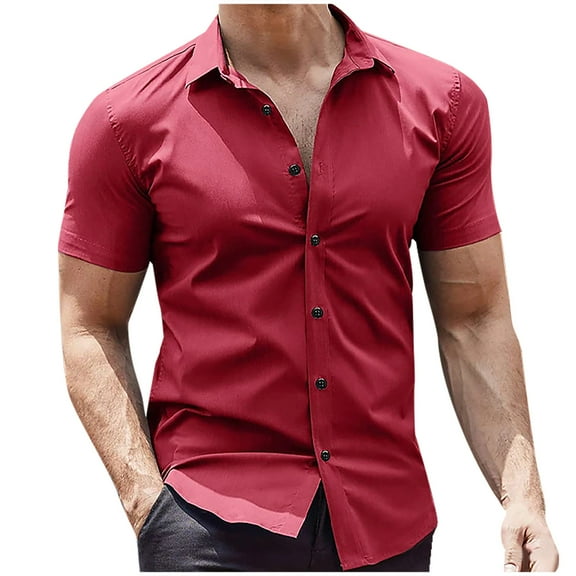 Iugvhana Men's Slim Fit Button Down Shirt Summer Casual Short Sleeve Blouse Tops Fashion Solid Color Turndown Collar Shirts Red S