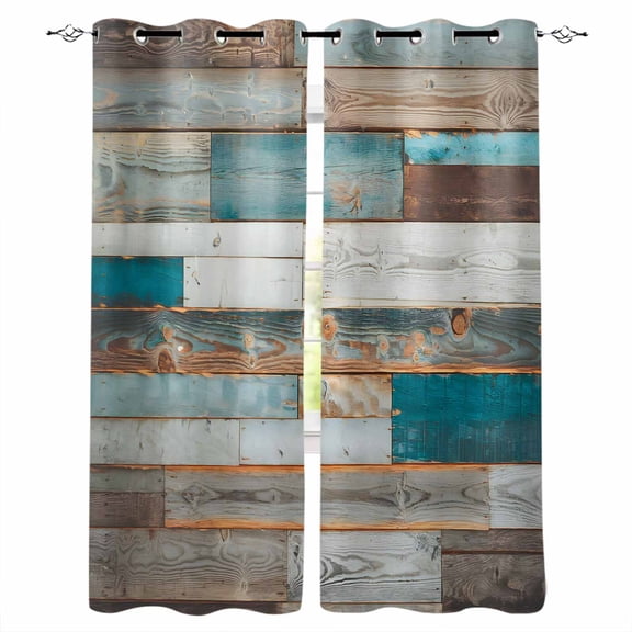 Turquoise Brown Blackout Curtains 54 Inches Long for Bedroom, Vintage Country Ombre Wooden Grain Thermal Insulated Room Darkening Black Out Window Curtain Panels Grommet Drapes for Living Room
