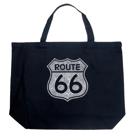 LA Pop Art Large Word Art Tote Bag - CITIES ALONG THE LEGENDARY ROUTE 66