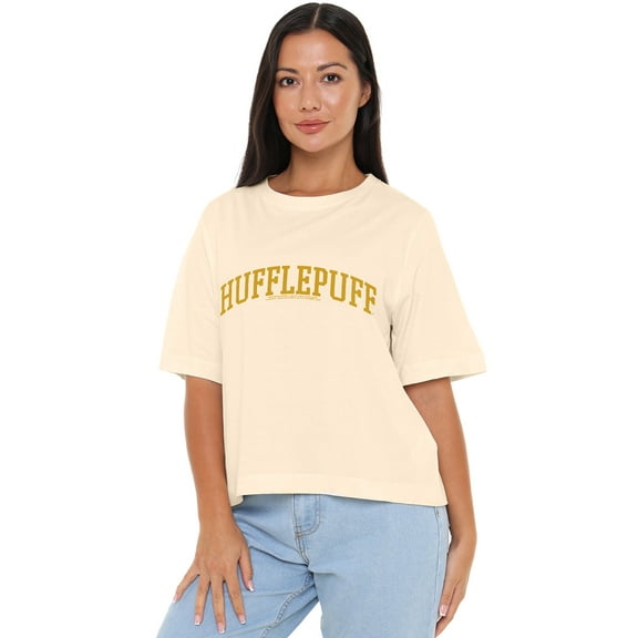 Harry Potter Hufflepuff Collegiate Women's Boxy Cropped T-Shirt Casual Graphic Tee