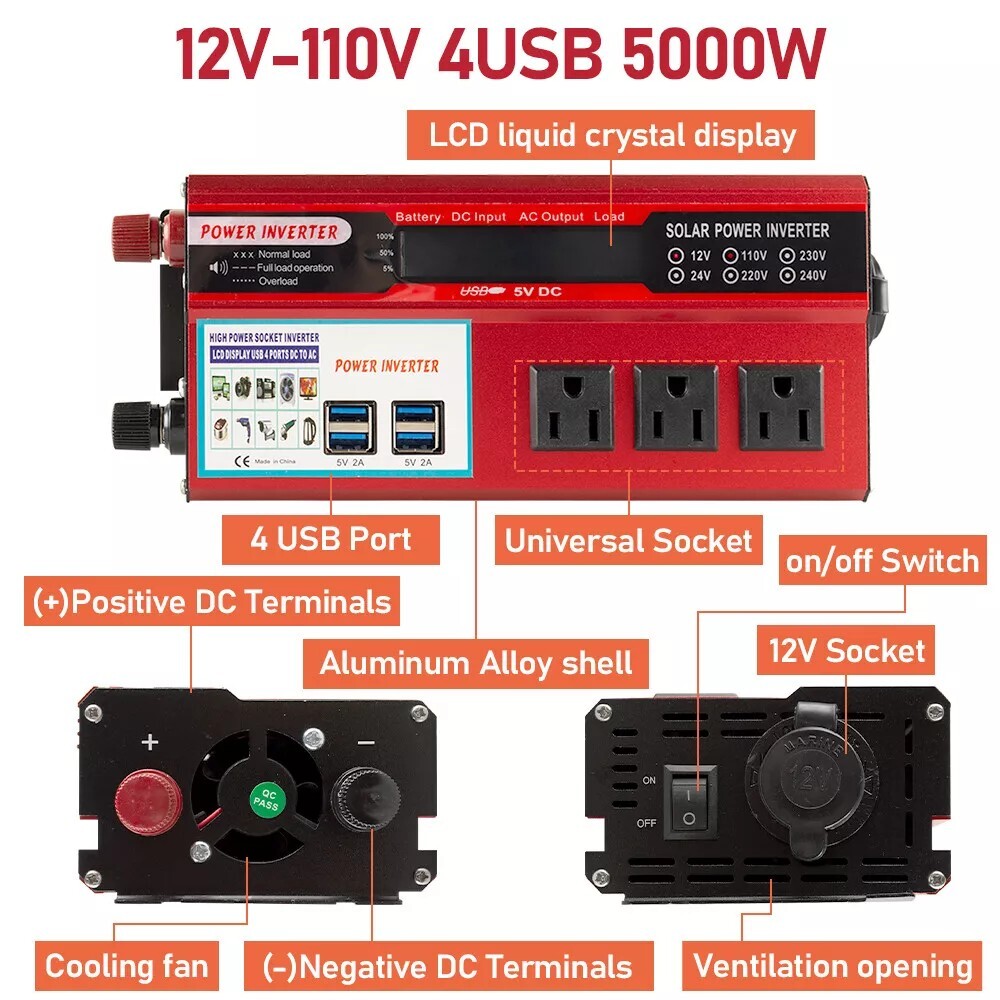 PrePat Car Power Inverter 5000W DC 12V To AC 110V Pure Sine Wave Solar Converter 4 USB