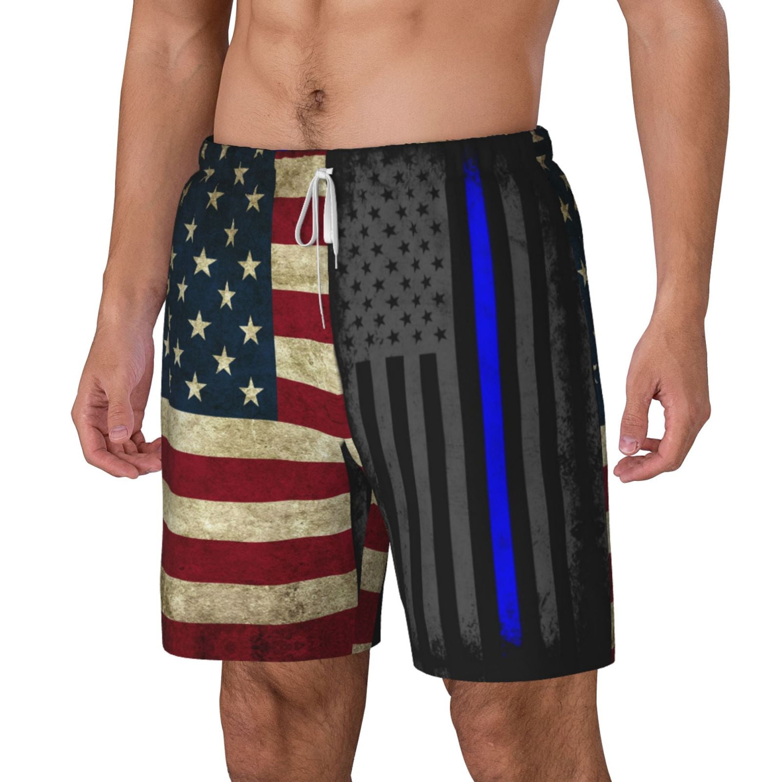 Men's America Thin Blue Line Flag Swim Trunks with Compression Liner Bathing Suit Swimwear