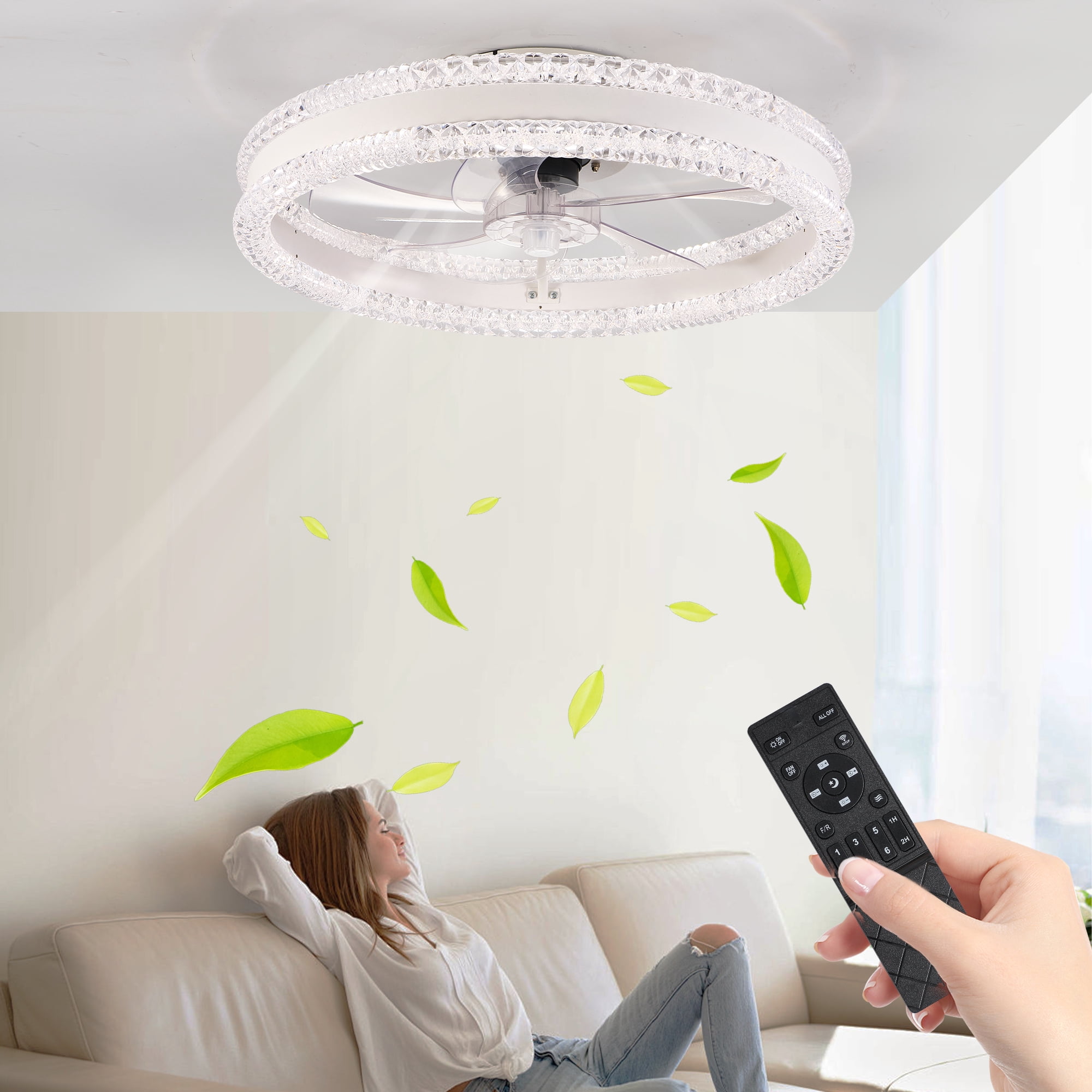 Aezusy Modern 20" Ceiling Fan with Light, Dimmable LED Ceiling Fixture with Invisible Blades & Crystal Accents Remote App Control Quiet Adjustable Color Temperature Fan for Bedroom & Living Room
