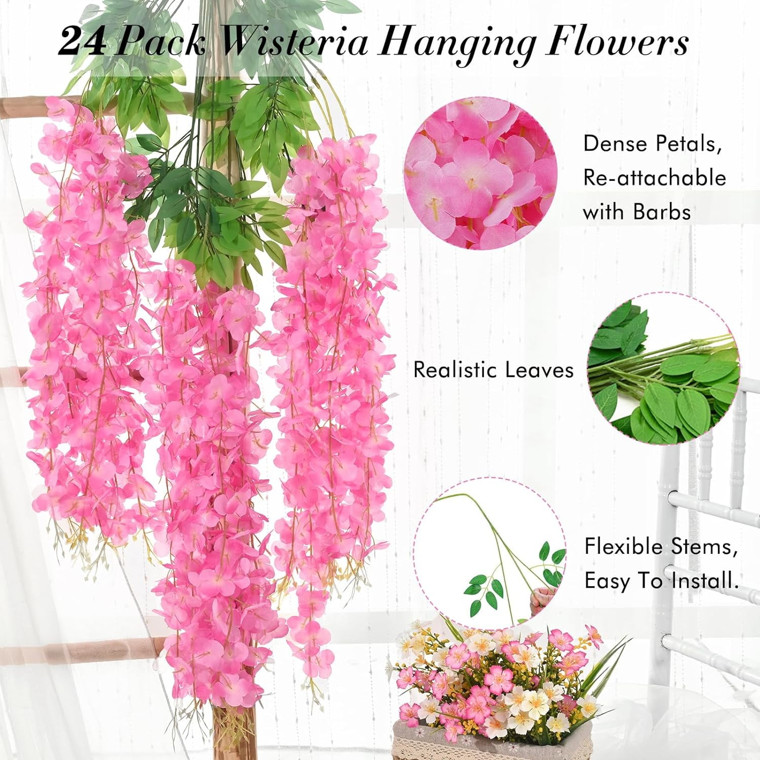 Wisteria Hanging Flowers, 3.6 Feet/Pcs Pink Wisteria Artificial Flowers, Fake Wisteria Flowers Garland, Hanging Wisteria Vines for Bedroom Wedding Home Party Wall Decoration