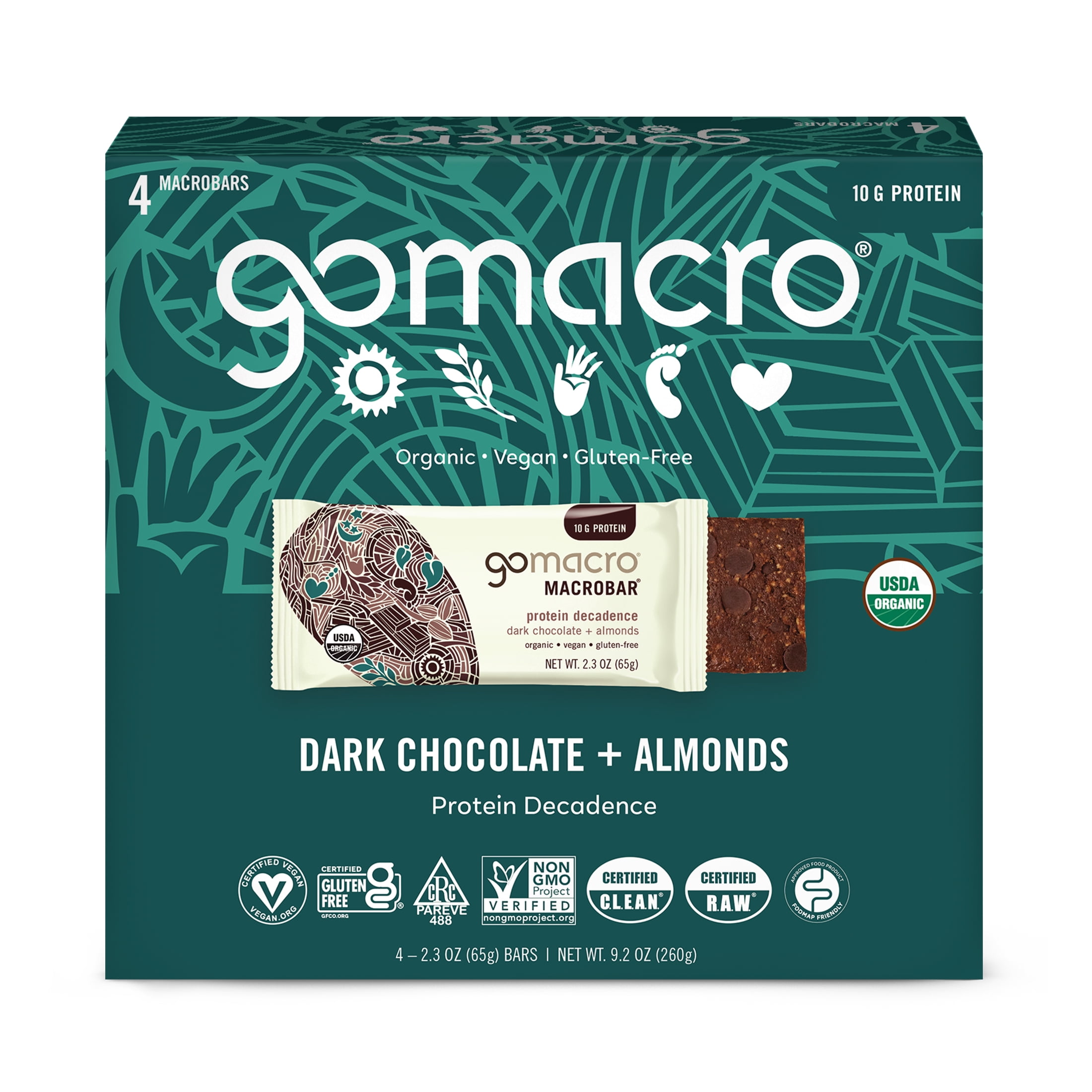 GoMacro MacroBar, Dark Chocolate + Almonds, Organic Vegan Protein Bars, 4 ct