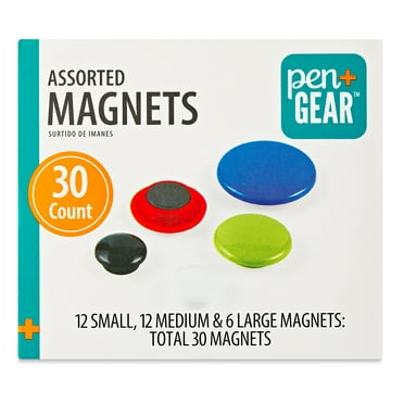 Pen+Gear 30 Counts Round Plastic Covered Magnetic Buttons, Refrigerator Whiteboard Magnets for School Office Home - 5 Assorted Colors with Small, Medium, Large Sizes.
