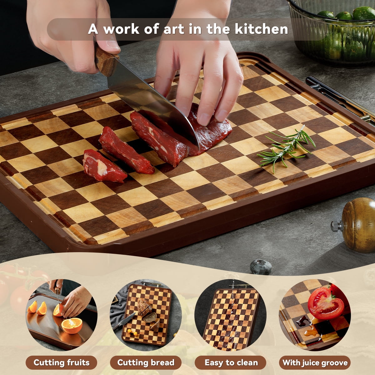 Acacia Wood Cutting Board with Stainless Steel Handle, Large Rectangular, 14.96x10.2x1.02 Inches, for Meat, Vegetables, Fruits, Cheese